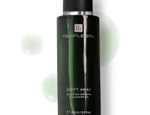 Temple Spa – Drift Away Relaxing Bathing & Massage Oil 100ml Skin sprayed translucent colour matched glass bottle plus silk screen printing