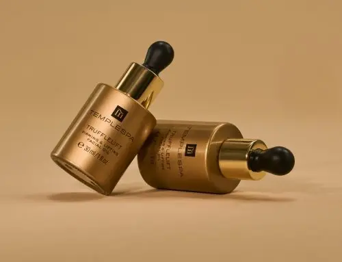 Templespa – Trufflelift 30ml sprayed opaque colour matched glass bottle with silk screen printing plus dropper with gold aluminium collar and black TPE bulb